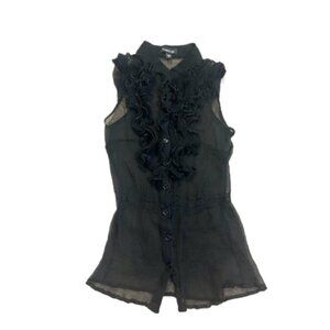 Bebe Black Ruffled Women's See Through Mesh Sheer Lace Button Up Top